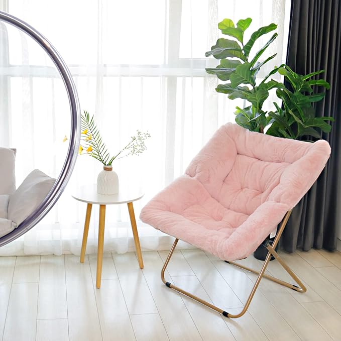 Tiita Comfy Saucer Chair, Soft Faux Fur Oversized Folding Accent Chair, Lounge Lazy Chair for Kids Teens Adults, Metal Frame Moon Chair for Bedroom, Living Room, Dorm Rooms, X-Large Pink - LeafyLoom