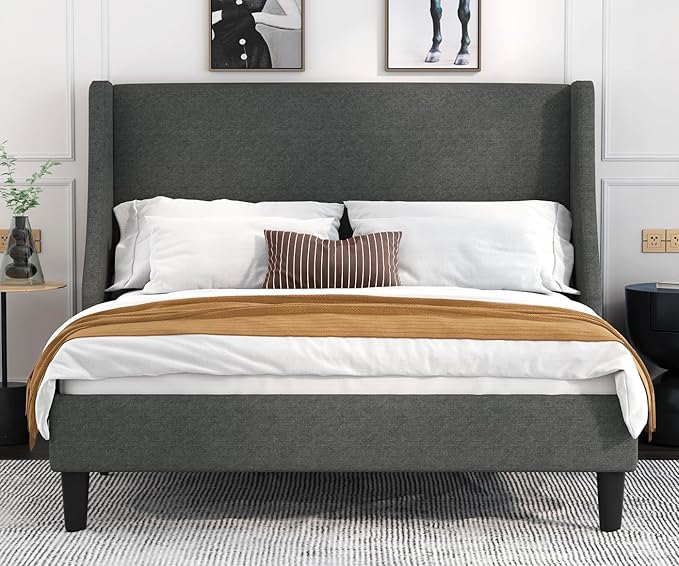 Allewie Full Size Bed Frame, Platform Bed Frame with Upholstered Headboard, Modern Deluxe Wingback, Wood Slat Support, Mattress Foundation, Light Grey - LeafyLoom