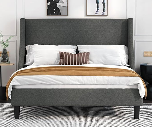 Allewie Queen Bed Frame, Platform Bed Frame Queen Size with Upholstered Headboard, Modern Deluxe Wingback, Wood Slat Support, Mattress Foundation, Light Grey - LeafyLoom