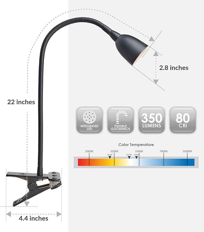 Newhouse Lighting NHCLP-OL-BK Olivia LED Clamp Light Desk Lamp with Flexible Gooseneck, 3 Brightness Levels & 3 Color Modes, Black - LeafyLoom