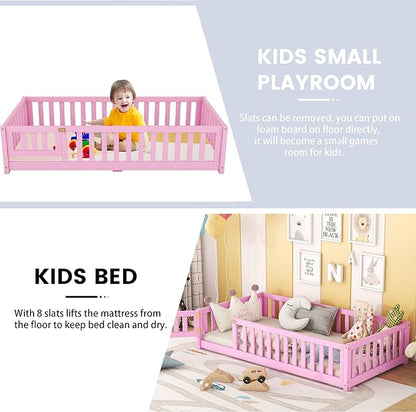 Multifunctional Twin Size Floor Bed with Safety Guardrails and Door, Removable Wood Slats, Montessori Beds Frame for Toddlers, for Boys and Girls, Pink - LeafyLoom