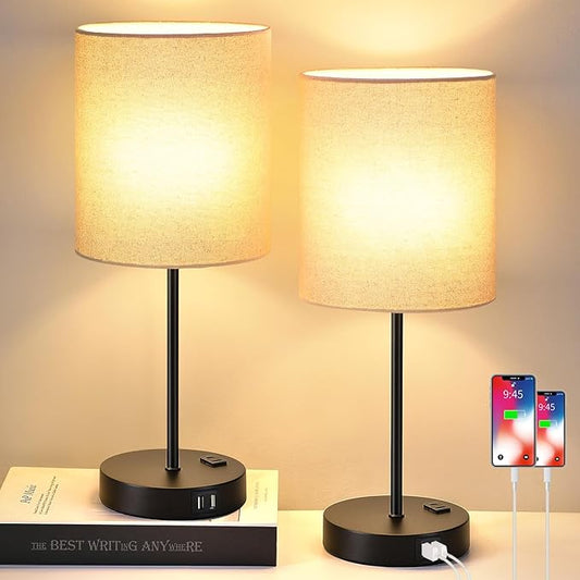 【Upgraded】Set of 2 Touch Beige Table Lamps with 2 USB Ports & AC Outlet, 3-Way Dimmable Bedside Nightstand Lamps for Living Room Nursery Office Bedroom, 800 Lumens 2700K Warm Bulbs Included - LeafyLoom