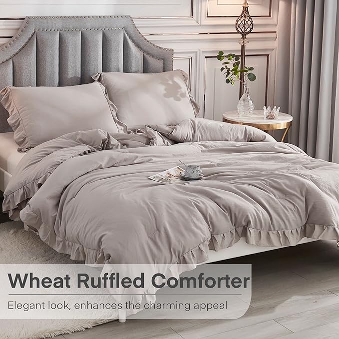 Andency Wheat Ruffle Comforter Set, 2 Pieces Kids Comforter Set Twin(66x90Inch), Farmhouse Shabby Chic Comforter Set, Soft Microfiber Kids Bedding Set - LeafyLoom