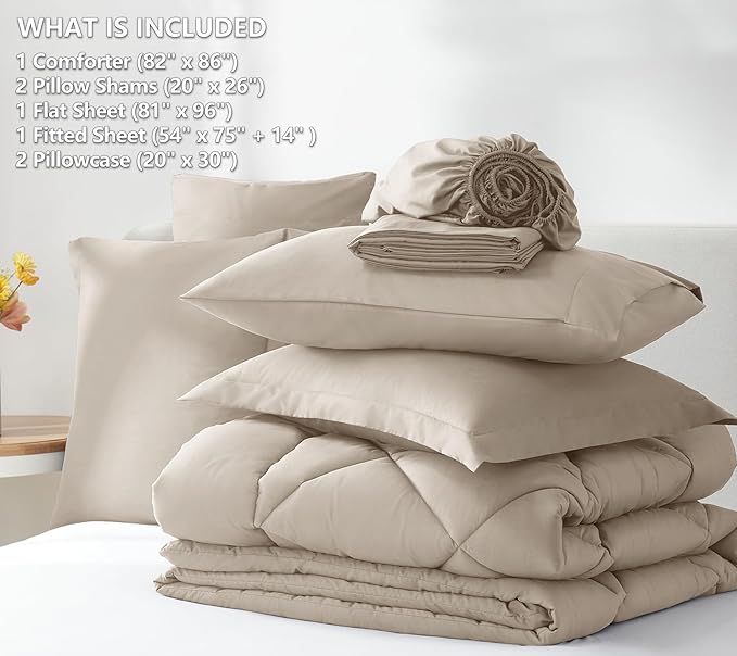 CozyLux Full Comforter Set with Sheets 7 Pieces Bed in a Bag Oatmeal All Season Bedding Sets with Comforter, Pillow Shams, Flat Sheet, Fitted Sheet and Pillowcases - LeafyLoom