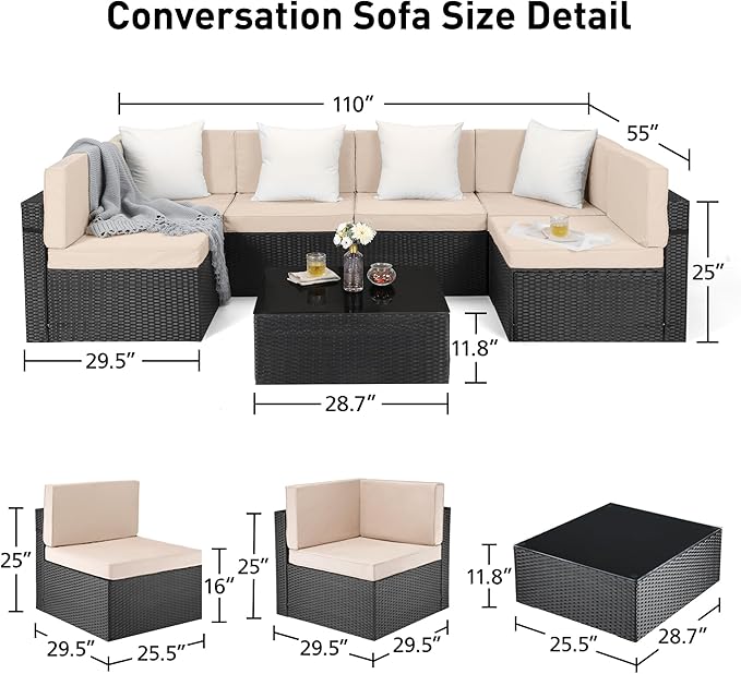 Pamapic 8 Pieces Patio Furniture Set Conversation Sofa with 42 Inch 50,000 BTU Auto-Ignition Outdoor Fire with Glass Wind Guard, Wicker Sofa (Black Wicker, Beige Cushions) - LeafyLoom