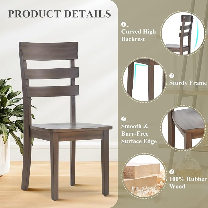 COLAMY Wooden Dining Chairs Set of 2, Ladder High Back Kitchen Side Chair, Armless Farmhouse Dining Room Chairs with Adjustable Foot Pegs, Light Brown - LeafyLoom