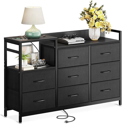 ODK Dresser with Charging Station, 52-Inch Long Dresser TV Stand for Bedroom, Large Dresser with 8 Storage Drawers, Chest of Drawers Easy-Pull Fabric Dressers for Living Room, Black - LeafyLoom