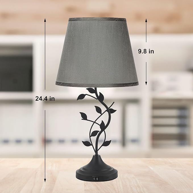 Kakanuo Table Lamp Bedside Lamp with USB C Charging Ports, Grey Traditional Nightstand Lamp for Living Room, Desk Lamp Large Retro Table Lamp for Bedroom - LeafyLoom