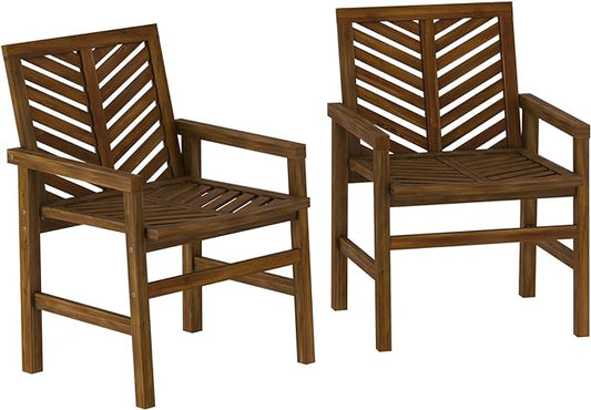 Walker Edison 2 Piece Outdoor Patio Chevron Wood Chair Set All Weather Backyard Conversation Garden Poolside Balcony, Set of 2, Dark Brown - LeafyLoom