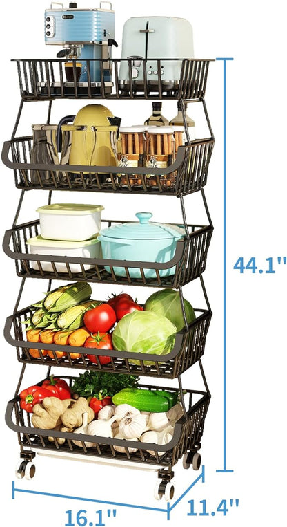 Wisdom Star 5 Tier, Kitchen Fruit Vegetable Storage Cart, Vegetable Basket Bins for Onions and Potatoes, Wire Storage Organizer Utility Cart with Wheels, Black - LeafyLoom