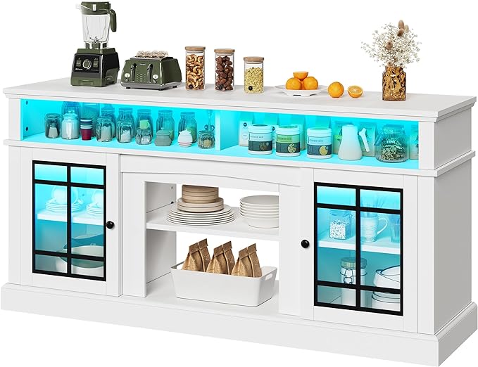 YITAHOME Farmhouse Sideboard Buffet Cabinet with LED Light, 65'' Large Kitchen Cabinet w/Storage, Tempered Glass Doors, Adjustable Shelf, 32'' Tall Coffee Bar Table for Living Room, Dining Room, White - LeafyLoom