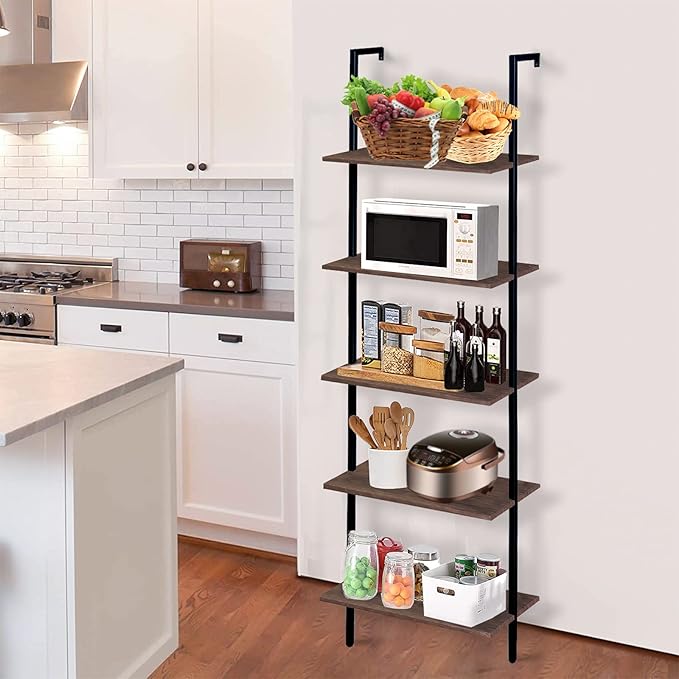 aboxoo Ladder Shelf Open Bookshelf 5-tier Wood Wall-mounted Bookcase Storage Rack Open back Industrial Modern Plant Flower Stand Utility Organizer Bookcase Metal Frame Furniture Office Kitchen Bedroom - LeafyLoom