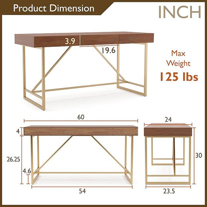 Lizon Modern 60 Inch Wood Desk with Drawers, Office Table with Storage, Vanity Without Mirror for Bedroom, Study Room, Dorm, 60-inch, Light Walnut Brown and Gold - LeafyLoom