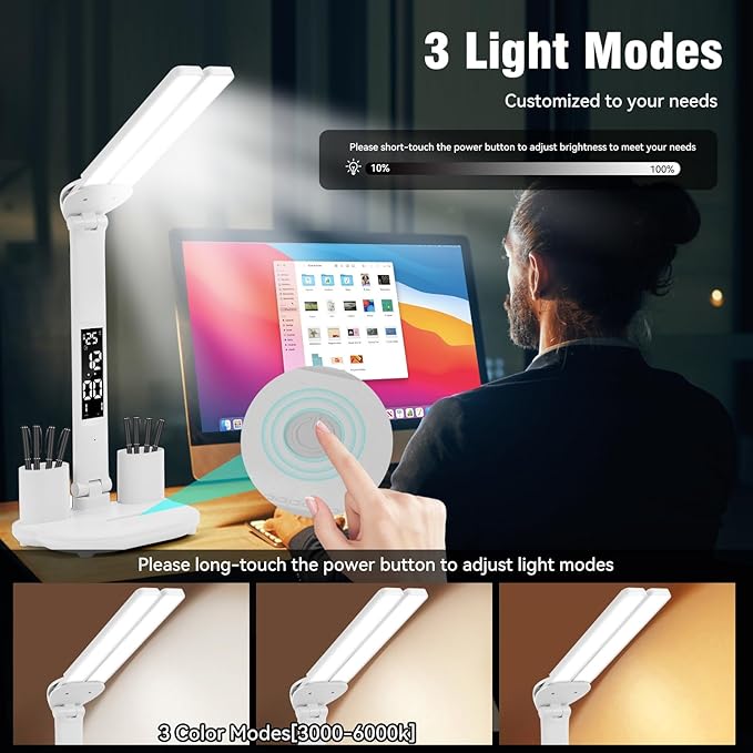 LED Desk Lamp Light with 2 Pen Holders, Time, Date, Temperature Display, Dimmable, 3 Color Modes, Touch Control, Foldable,Eye-Caring Table Lamp for Office Home Reading Study - LeafyLoom