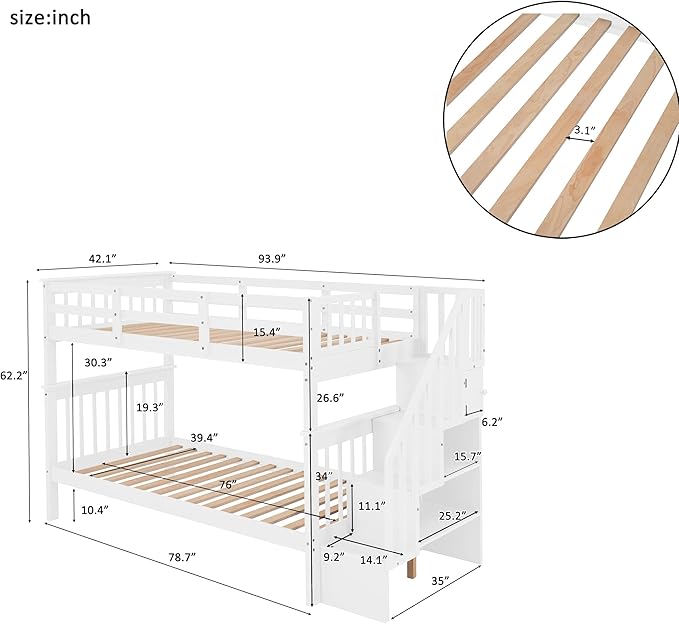 Twin Over Twin Bunk Bed with Storage Stairs, Detachable into Two Platform Bedframe, Wooden Bunkbeds with Staircase, Bedroom Furniture for Kids Teens Adults, White - LeafyLoom