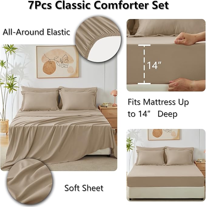 CozyLux Full Comforter Set with Sheets 7 Pieces Bed in a Bag Taupe All Season Bedding Sets with Comforter, Pillow Shams, Flat Sheet, Fitted Sheet and Pillowcases - LeafyLoom