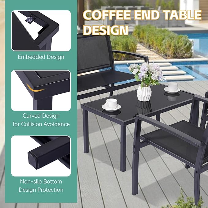 4 Pieces Patio Furniture Set Outdoor Garden Patio Conversation Sets Poolside Lawn Chairs with Tempered Glass Coffee Table Loveseat Porch Furniture Textilene Fabric Black - LeafyLoom