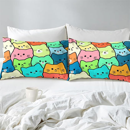 Cat Bedding Set Full Size - 3 Piece Cartoon Cat Comforter Set for Girls Boys Kids Bedroom Colorful Animals Print Home Bedding Decor for All Season Soft Warm 1 Cat Quilt Cover with 2 Pillowcases - LeafyLoom