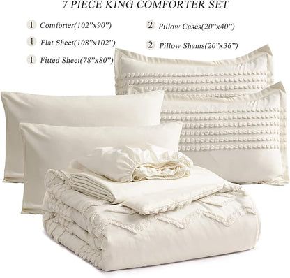 KAKIJUMN White Tufted Comforter Set King Size 7 Piece Bed in a Bag, Shabby Chic Boho Comforter and Sheet Set, Pom Pom Textured Bed Set, All Season Soft Microfiber Complete Bedding Set(White,King) - LeafyLoom