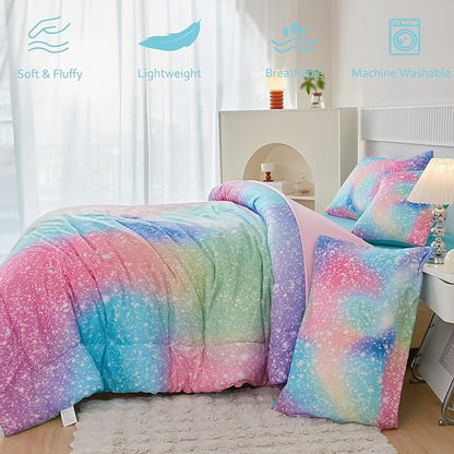 PERFEMET Rainbow Queen Girls Bedding Set, 6 Pieces Glitter Pink Green Comforter for Queen Size Bed, Colorful Tie Dye Ombre Teen Girls Bed in A Bag Comforter Set with Sheets - LeafyLoom