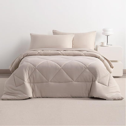 NTBAY Twin Comforter Set with Sheets, 5 Pieces Soft and Breathable Twin Bedding Set, Twin Bed in a Bag, Down Alternative Comforter Set Solid Color All Season, Kids Bedding Set, Taupe - LeafyLoom