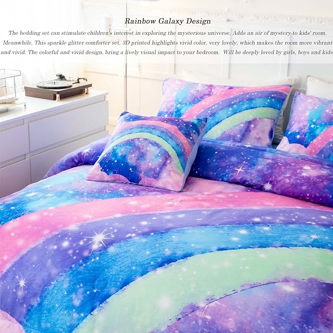 Tie Dye Blue Teens Comforter Set Queen for Girls, 3D Rainbow Gradient Glitter Bed in A Bag, 6 Pieces Twinkle Nebula Comforter Kids Bedding Set for All Season - LeafyLoom