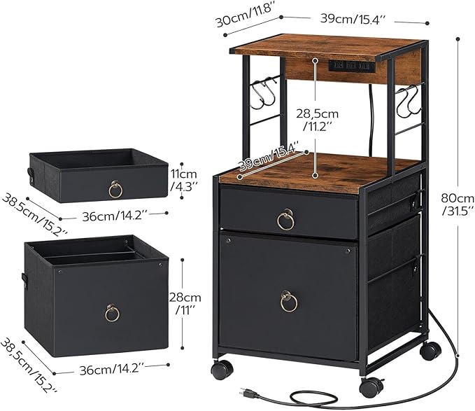 HOOBRO 2-Drawer File Cabinet, Filing Cabinet with Charging Station, Vertical Office Cabinet with Open Storage Shelf, Printer Stand, A4/Letter Size, Nonwovens Drawer, Rustic Brown and Black BFK23UWJ01 - LeafyLoom