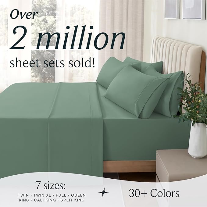 LuxClub 7 PC Split King Sheet Set, Breathable Luxury Bed Sheets, Deep Pockets 18" Eco Friendly Wrinkle Free Cooling Sheets Machine Washable Hotel Bedding Silky Soft - Tree Moss Green Split King - LeafyLoom