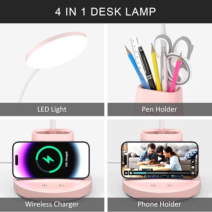 LED Desk Lamp with Wireless Charger for Home Office, Small with Pen Holder, 800LM,3 Color Modes,Gooseneck, Eye-Caring White Desk Lamps for Home College Dorm Room,Pink - LeafyLoom