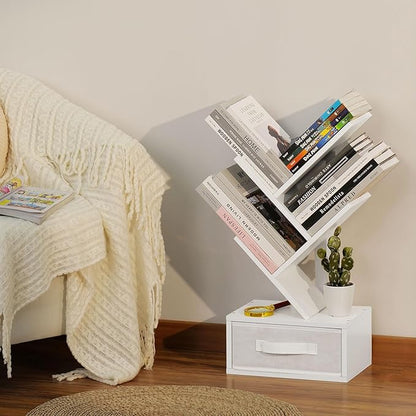 Small Bookshelf with Drawer,4 Tier Tree Book Shelf,Wood Desk Bookshelves,Modern Free Standing Desktop Display Shelves,White Floor Standing Organizer Bookcase for Living Room,Bedroom,Office - LeafyLoom