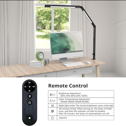 LED Desk Lamp with Clamp, Architect Desk Lamp for Home Office with Remote Control, Swing Arm Clamp on Desk Light, Clip-on Eye-Care Adjustable 5 Brightness Levels Table Light for Working Drafting - LeafyLoom