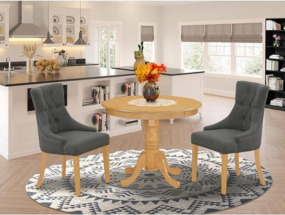 East West Furniture ANFR3-OAK-20 Antique 3 Piece Kitchen Set Contains a Round Room Table with Pedestal and 2 Dark Gotham Linen Fabric Parsons Dining Chairs, 36x36 Inch, Oak - LeafyLoom