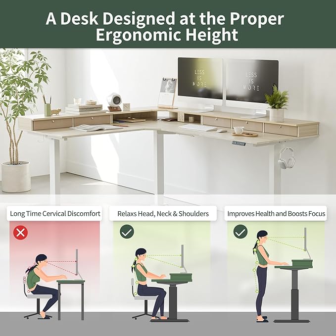 FEZIBO Triple Motor 75" L Shaped Standing Desk with 5 Drawers, Reversible Electric Standing Gaming Desk Adjustable Height, Corner Stand up Desk with Splice Board, White Frame/Light Walnut Top - LeafyLoom