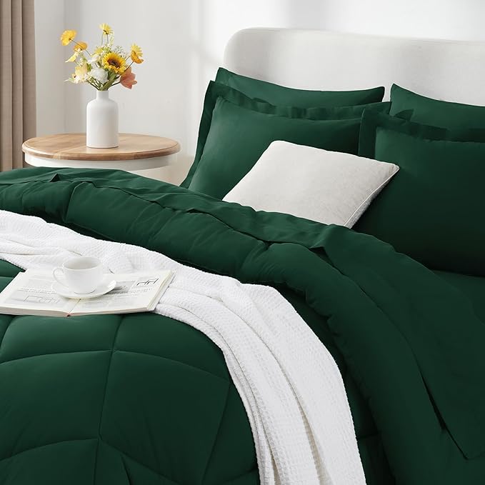 CozyLux Full Comforter Set with Sheets 7 Pieces Bed in a Bag Emerald Green All Season Bedding Sets with Comforter, Pillow Shams, Flat Sheet, Fitted Sheet and Pillowcases - LeafyLoom