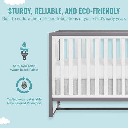 Arlo 5-in-1 Convertible Crib in Steel Grey and White, JPMA Certified, 3 Mattress Height Settings, Non-Toxic Finish, Made of Sustainable and Sturdy Pinewood - LeafyLoom