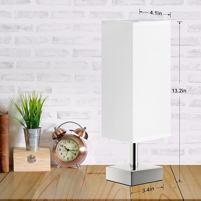 White Small Table Lamp for Bedroom - Bedside Lamps for Nightstand, Minimalist Night Stand Lamp with Square Fabric Shade, Desk Reading Lamp for Kids Room Living Room Office with Sliver Base - LeafyLoom