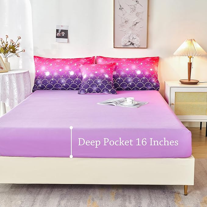 URBONUR Purple Glitter Comforter Set Queen Size for Girls 6 Piece Bed in A Bag Comforter with Sheets Set, Gradient Pink Purple Sparkle Mermaid Fish Scales Bedding Comforter Set - LeafyLoom