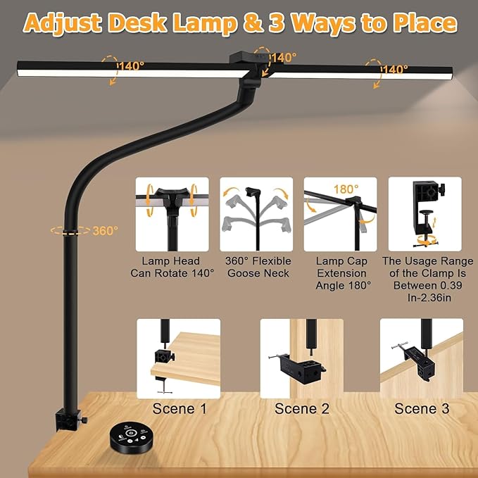 Led Desk Lamp for Home Office, Hand Sweep Sensitive Desk Light, 24w Ultra Bright Double Head Desk Lamp with Clamp & Flexible Gooseneck, Dimmable Eye Protection Reading Light for Workbench, Drawing - LeafyLoom