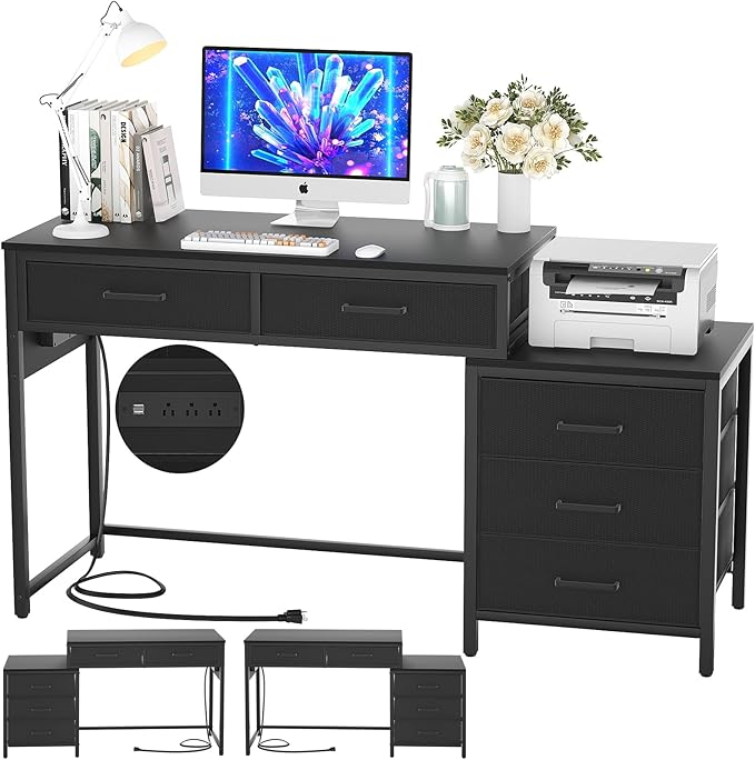 Computer Desk with 5 Drawers, Reversible Office Desk with Power Outlets and USB Charging Ports, Sturdy Writing Table with File Cabinet and Printer Stand, Laptop Desk for Small Spaces, Black - LeafyLoom