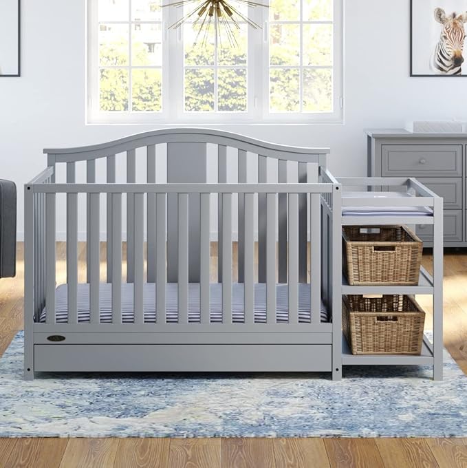 Graco Solano 4-in-1 Convertible Crib and Changer with Drawer (Pebble Gray) – Crib and Changing Table Combo with Drawer, Includes Changing Pad, Converts to Toddler Bed, Daybed and Full-Size Bed - LeafyLoom