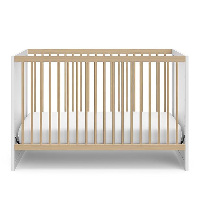 Storkcraft Calabasas 3-in-1 Convertible Crib (White with Driftwood) – GREENGUARD Gold Certified, Fits Standard Crib Mattress, Converts to Toddler Bed, Modern Style, Easy 30-Minute Assembly - LeafyLoom