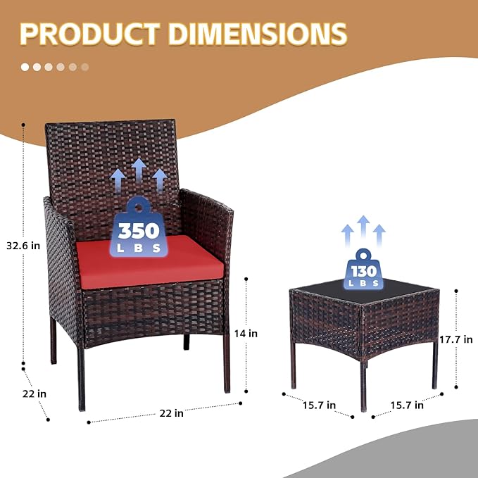 Patio Furniture Set 3 Pieces All-Weather Rattan Outdoor Furniture Patio Chairs with Tempered Glass Table for Porch Bistro Balcony Bistro Set(Brown/Red) - LeafyLoom