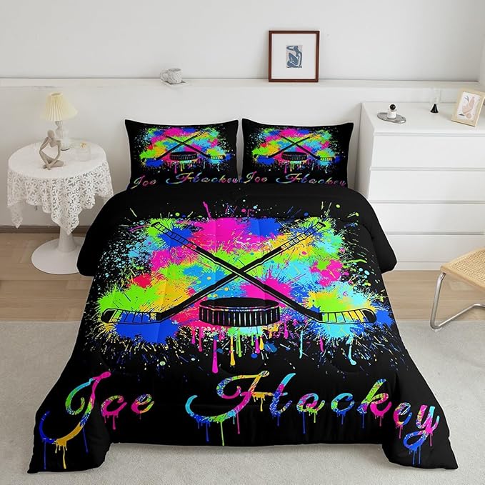 Feelyou Kids Ice Hockey Comforter Set Twin Size Gaming Sports Bedding Set for Boys Girls Teens Bedroom Decor Ice Sports Games Tie Dye Comforter Hockey Player Duvet Set with 1 Pillow Case - LeafyLoom