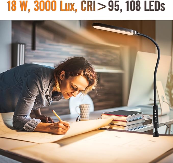 Clamp on Lamp, LED Desk Lamp, 18W, 3000 LMS, 3 Color Modes, 16 Brightness Levels, CRI>95, 0.5H/1H Timer, Eye-Caring Task Lamp with Remote for Reading, Home, Office (Adapter Included) - LeafyLoom