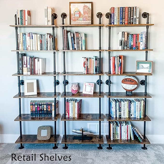 6-Tier Industrial Pipe Shelves Shelf Shelving Rustic Wood Metal Wrought Iron Ladder Bookcase Bookshelf Wall Mounted Mount DIY Loft Vintage Floating Hanging Storage Display (23.6x9.8x78.7”) - LeafyLoom