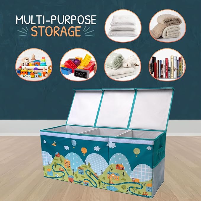 Extra Large Toy Storage Organizer with Lid - Sturdy, Collapsible Toy Chest Storage Box with Cute Design - Toys Bin with Dividers for Kids, Boys, Girls, Nursery, Bedroom, Play room 37"x16"x14" - LeafyLoom