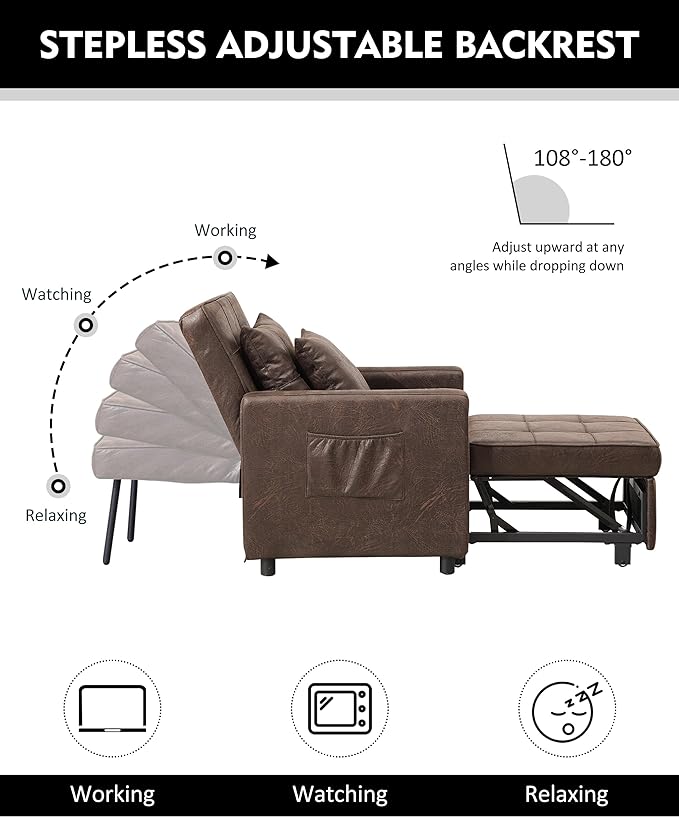 XSPRACER [UPDATED] Convertible Chair Bed, Sleeper Chair Bed 3 in 1, Stepless Adjustable Backrest,Armchair, Sofa, Bed, PU Imitation, Brown, Single One - LeafyLoom