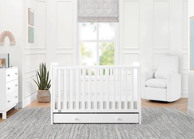 Delta Children babyGap Graham 4-in-1 Convertible Crib with Storage Drawer + Brannan Bear Bookcase with Bins + Brannan Bear Wall Shelf with 4 Hooks, Bianca White (Bundle) - LeafyLoom