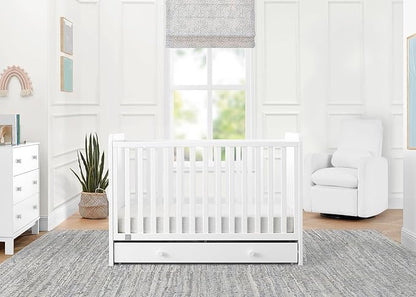 Delta Children babyGap Graham 4-in-1 Convertible Crib with Storage Drawer + Brannan Bear Bookcase with Bins + Brannan Bear Wall Shelf with 4 Hooks, Bianca White (Bundle) - LeafyLoom