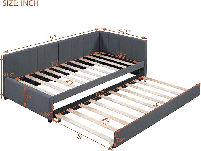 Twin Size Upholstered Linen Daybed with 2 Trundle,Semi-Closed Design,Solid Wood Bed Frame,W/Backrest and Slat Support,No Box Spring Needed,for Apartment Bedroom,Gray - LeafyLoom